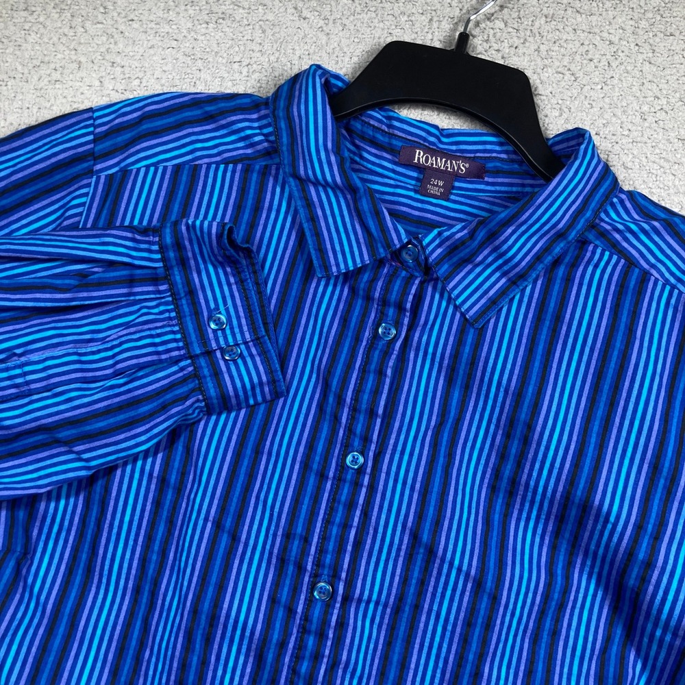 Roaman's Button Up Shirt Women 24W Blue Purple Striped Cotton Blouse 30-5180-2
